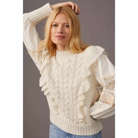 Anthropologie Cable Knit Ivory Ruffle Puff Sleeve Lace Sweater Size XS NWT BOHO - Picture 3 of 6